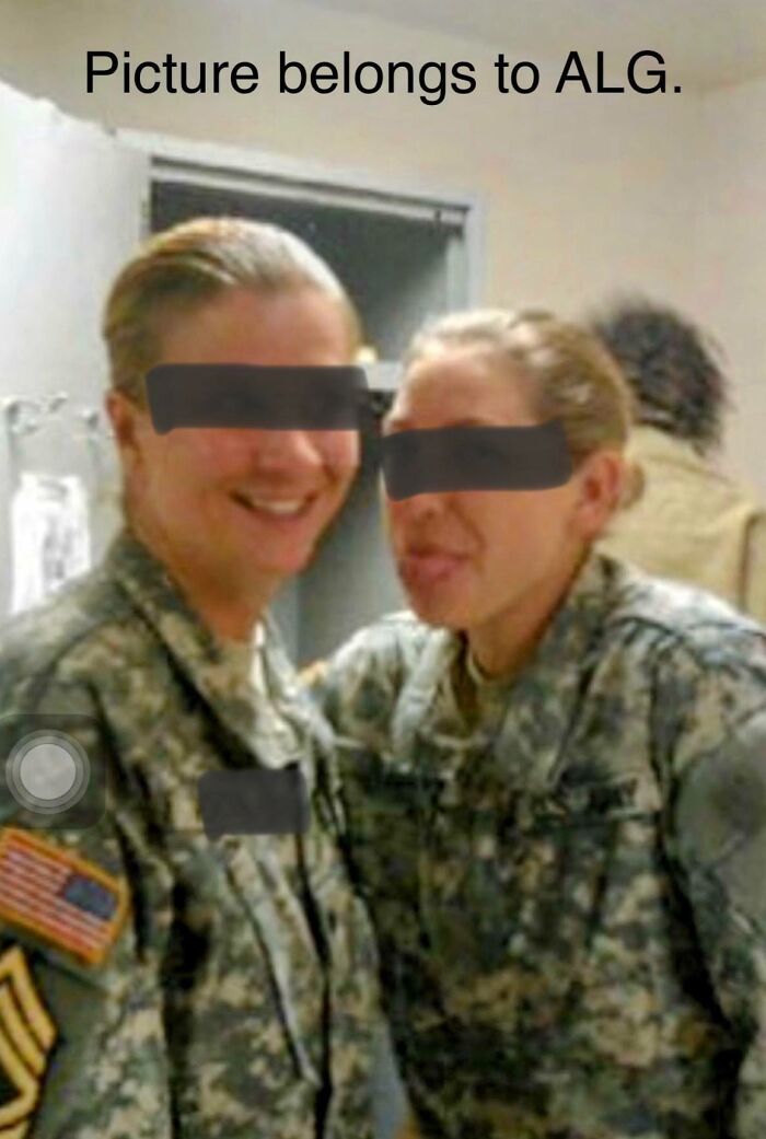 Two soldiers in uniform smiling indoors with a shadowy figure in the background, evoking chilling ghost encounters.