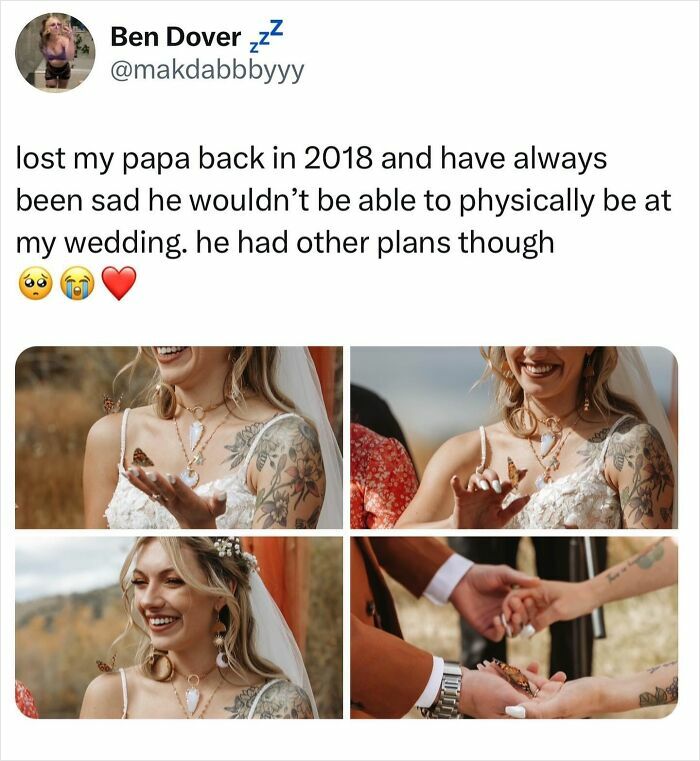 Bride with tattoos smiles as a butterfly lands on her hand during wedding, offering a daily serotonin boost from this IG page.