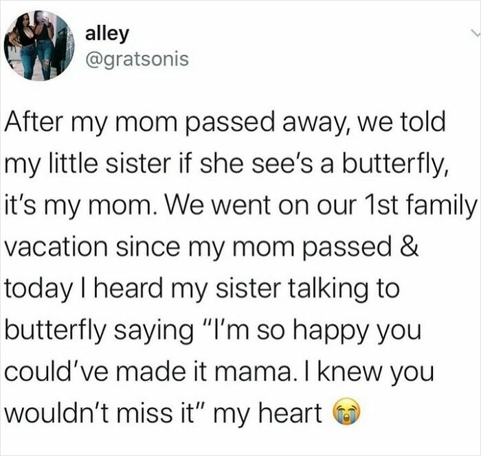 Emotional tweet about family, loss, and seeing a butterfly as a symbol, shared for a daily serotonin boost from an IG page.