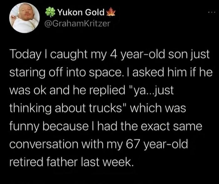 Funny tweet about a 4-year-old and a retired father both thinking about trucks, a serotonin boost moment.