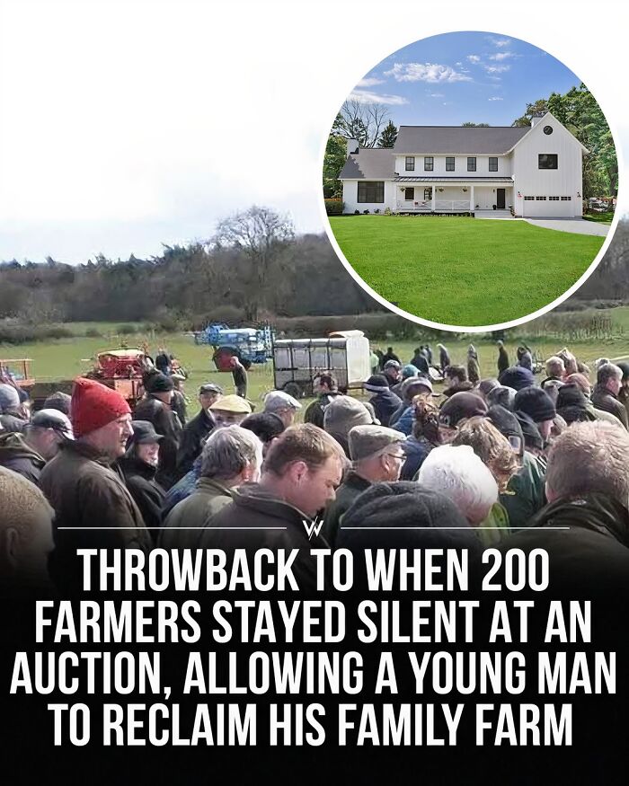 Crowd of farmers at an auction with text about reclaiming family farm, related to interesting short stories.