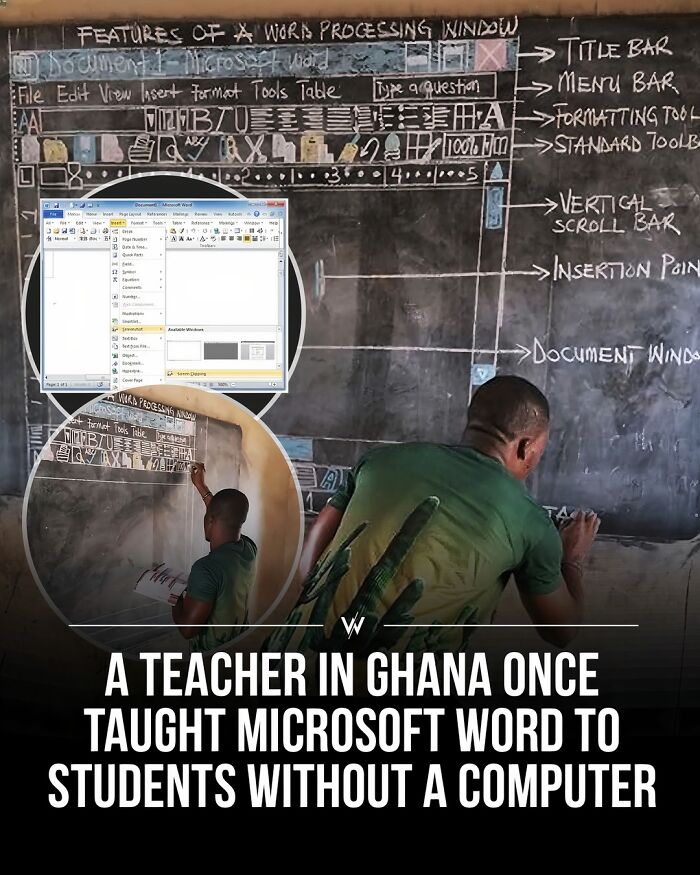 Teacher in Ghana illustrating Microsoft Word features on a chalkboard to students, showing interesting short stories lesson.