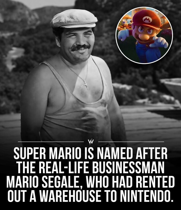 Black and white photo of Mario Segale with Super Mario character inset, illustrating interesting short stories about Mario origins.