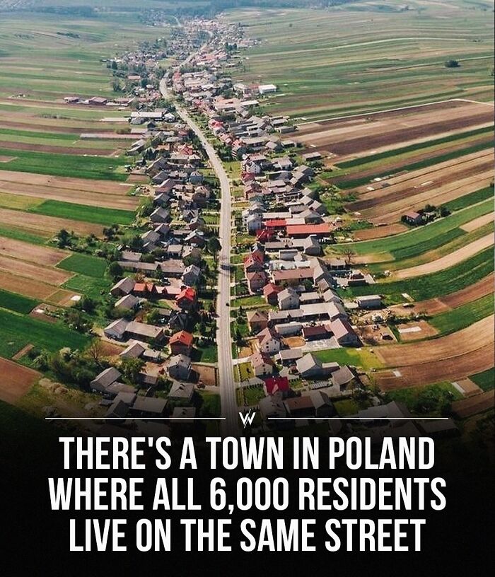 Aerial view of a Polish town with 6,000 residents all living on the same street in an interesting short story setting.