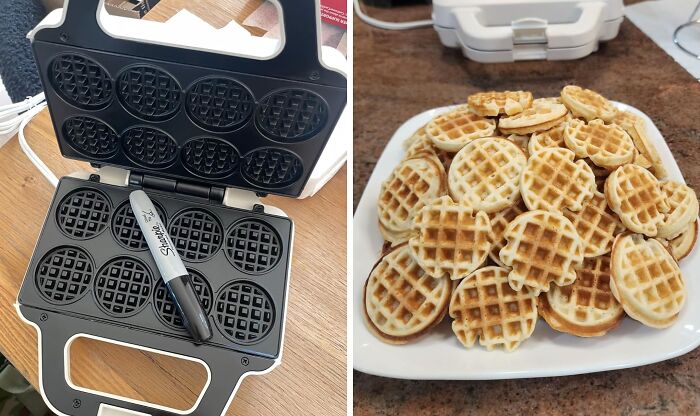 Mini waffle maker kitchen gadget with freshly cooked small waffles on a white plate on a wooden table.