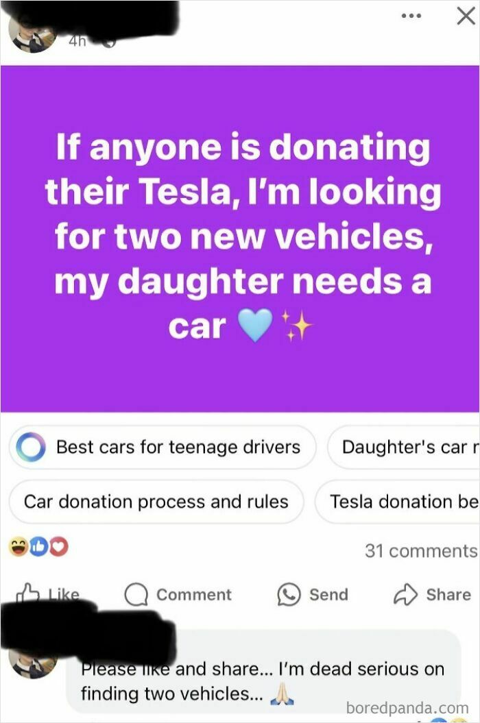 Social media post of parent demanding donation of two Teslas because daughter needs a car, highlighting outrageous parent demands.