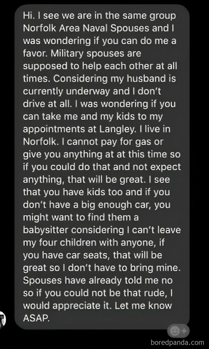 Screenshot of a parent making an outrageous demand for a ride to appointments due to having multiple kids.