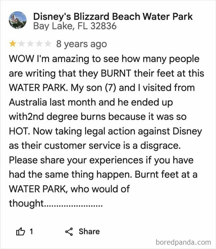 Review of Disney's Blizzard Beach water park describing second degree burns and parents making outrageous demands.