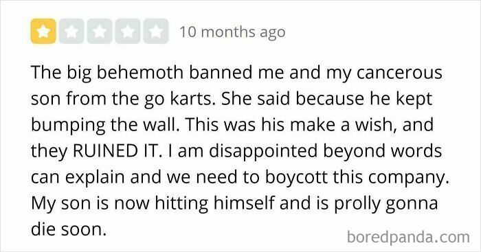 Review screenshot showing a parent’s outraged complaint about being banned from go karts, highlighting outrageous demands by parents.