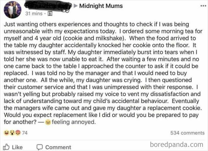 Parent demands replacement cookie after child accidentally drops it, sparking debate over outrageous behavior from parents with kids.