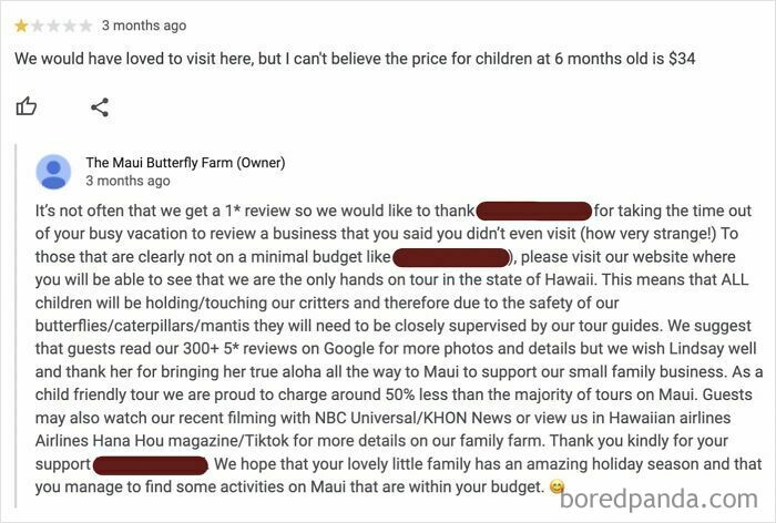 Review of a butterfly farm emphasizing safety rules for children due to outrageous parent demands and supervision needs.