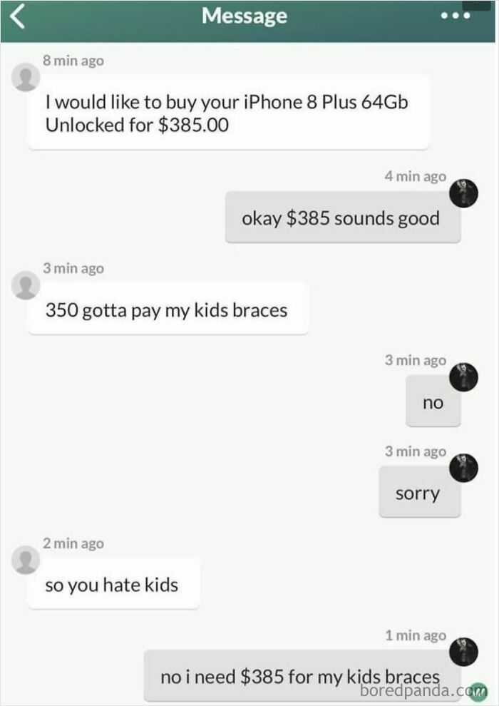 Text message conversation showing a parent making outrageous demands related to their kids during a phone sale negotiation.