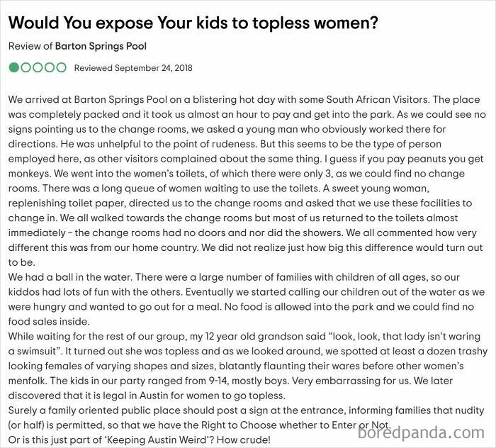 Review of Barton Springs Pool where families debated exposure to topless women and parenting demands in a public setting.