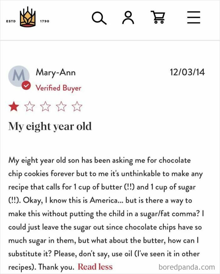 Parent demands outrageous cookie recipe change due to concerns for children’s sugar and fat intake.