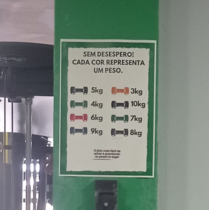 Gym sign showing dumbbell weights by color, highlighting annoying gym moments with weight organization and usage challenges.