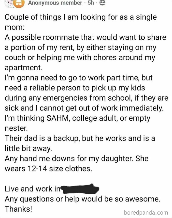 Text post from an anonymous single mom seeking a roommate to help with rent and childcare due to having kids.