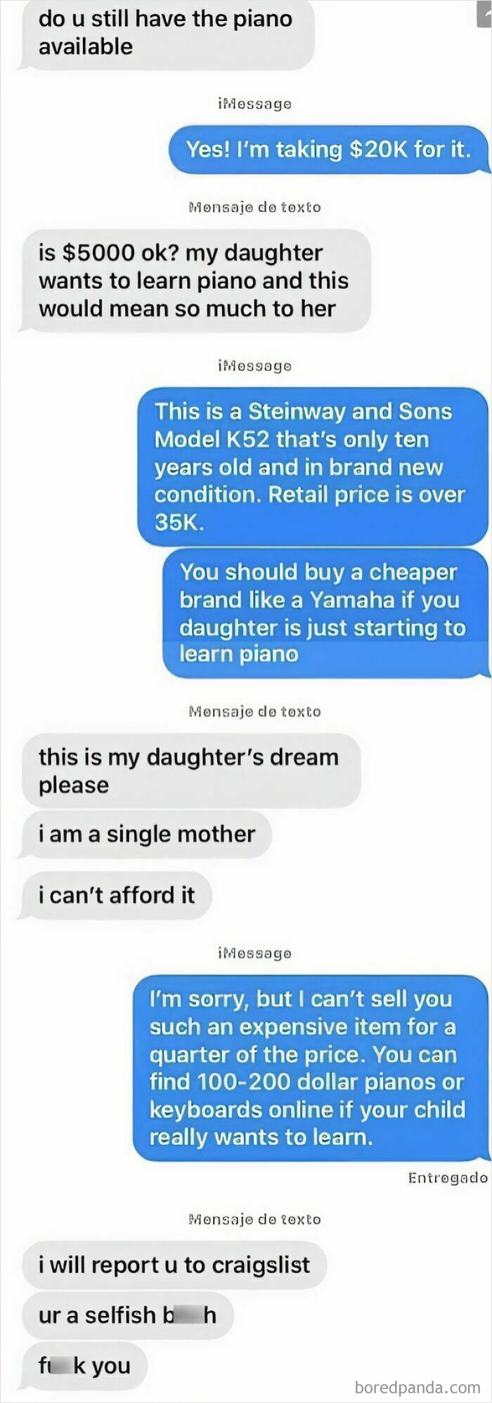 Text message exchange showing parents making outrageous demands to buy an expensive piano for their children.