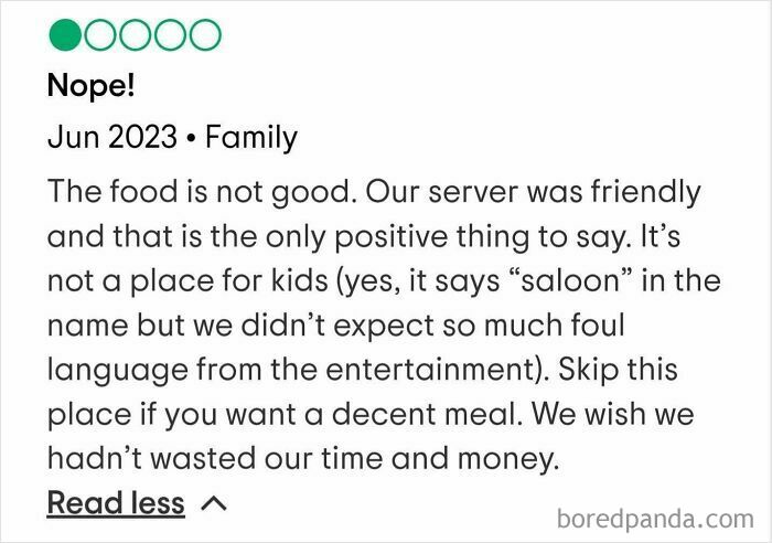 Parent review complaining about food and foul language in entertainment, highlighting outrageous demands made because they have kids.