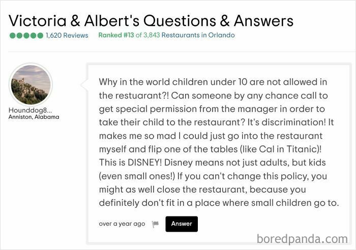 Customer demands special permission to bring children under 10 to a restaurant, citing discrimination and outrage.
