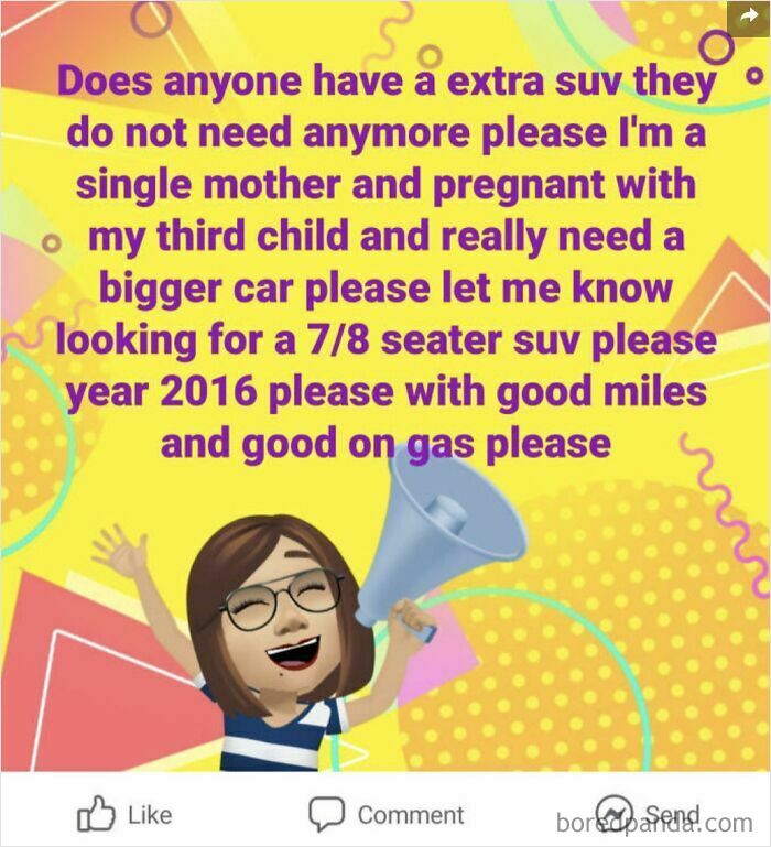 Parent using a megaphone asking for a 7/8 seater SUV, showing outrageous demands parents make just because they have kids.