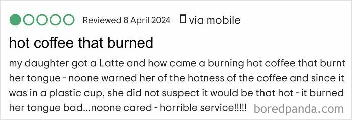 Parent complaint about hot coffee burning child’s tongue, highlighting outrageous demands made by parents because they have kids.