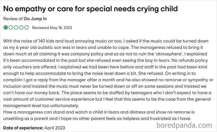 Review text about parents making outrageous demands due to children, focusing on lack of empathy for special needs kids.