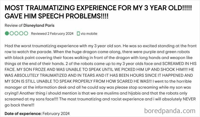 Parent outrage over traumatizing experience involving their 3-year-old and a parade with costumed robots.