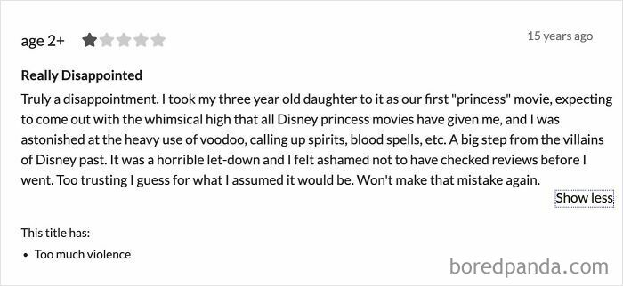 Customer review expressing disappointment after taking child to a movie, highlighting issues parents face and outrageous demands.