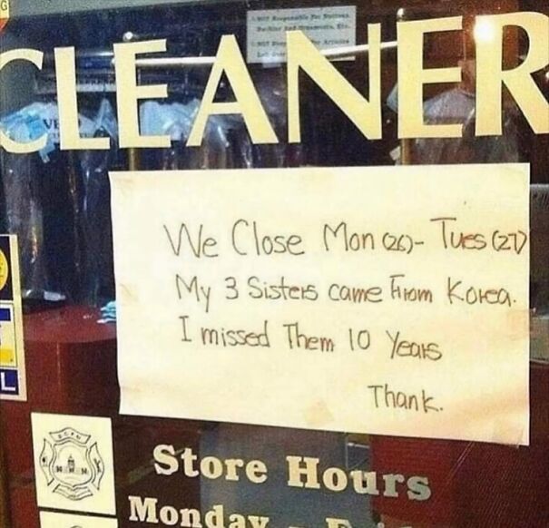 Handwritten sign at a cleaner shop with funny English translation about closing days and missing sisters from Korea.