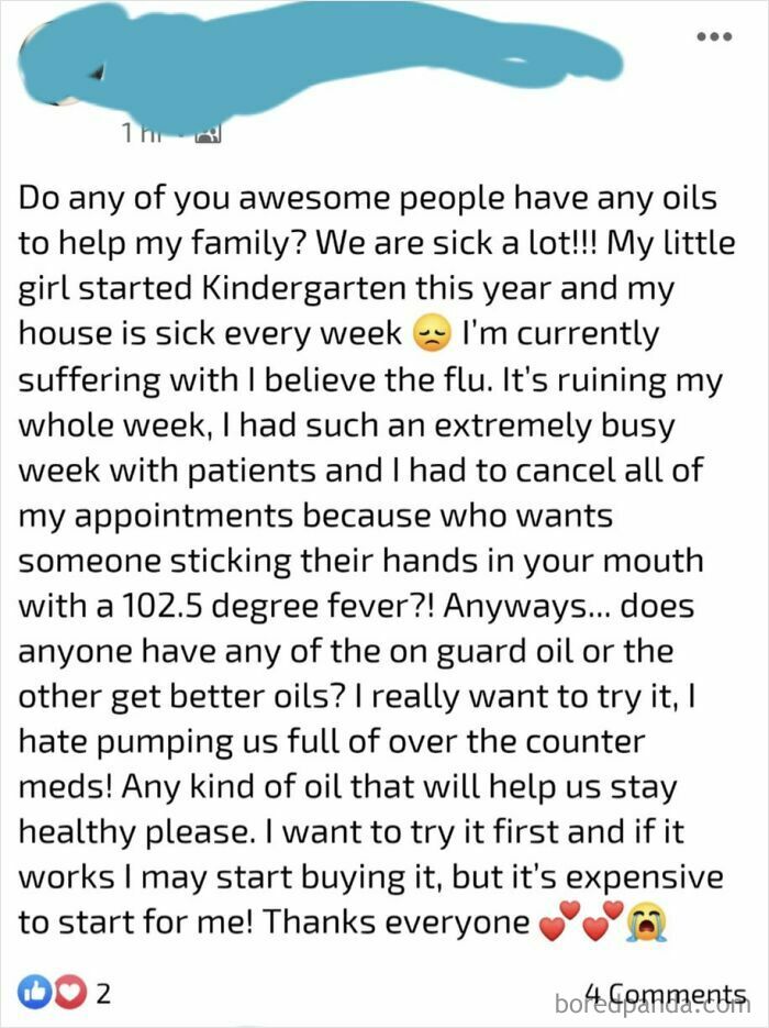 Parent demanding essential oils to help family stay healthy amid frequent sickness with kids in Kindergarten.