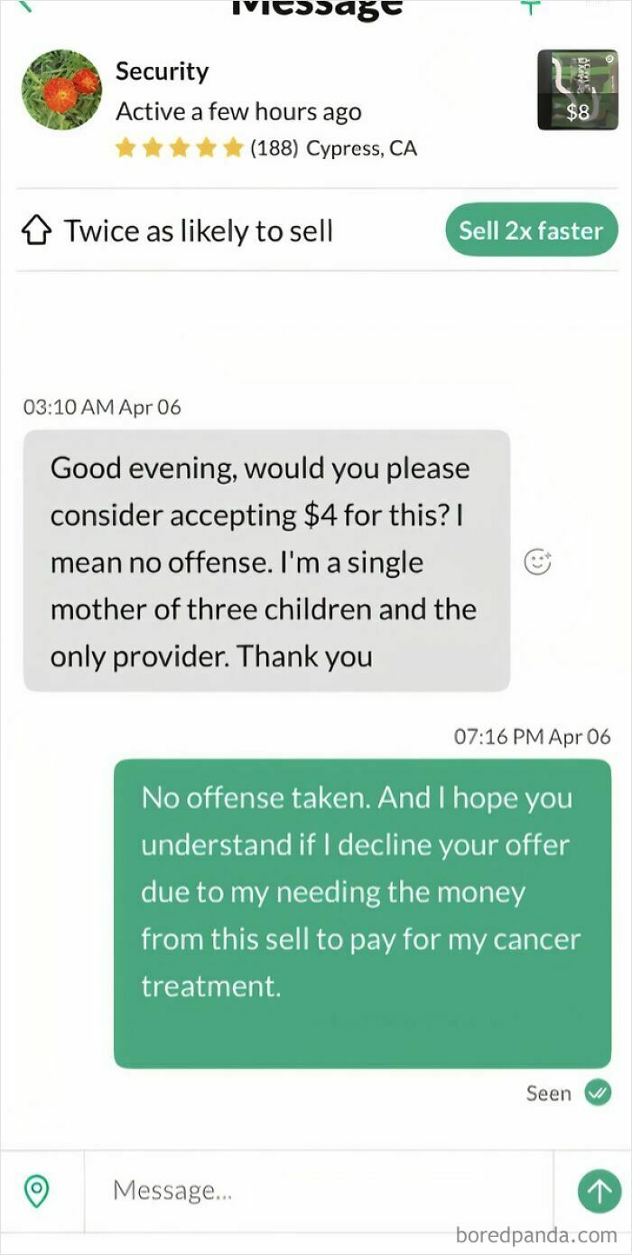 Conversation showing a parent making an outrageous demand based on having children and a seller politely declining.