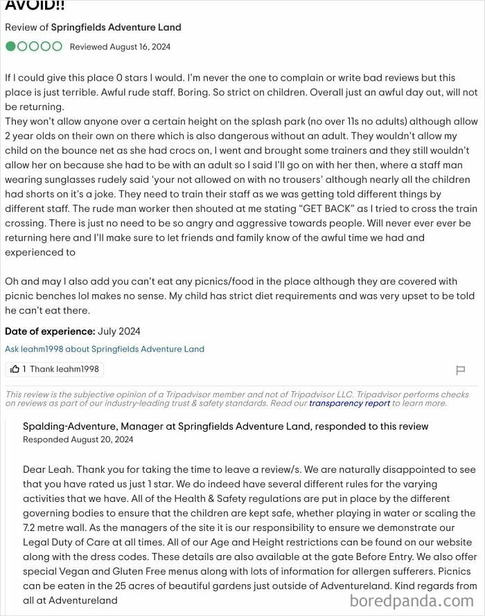 Review of Springfields Adventure Land with parents making outrageous demands due to children and strict rules on kids’ activities.