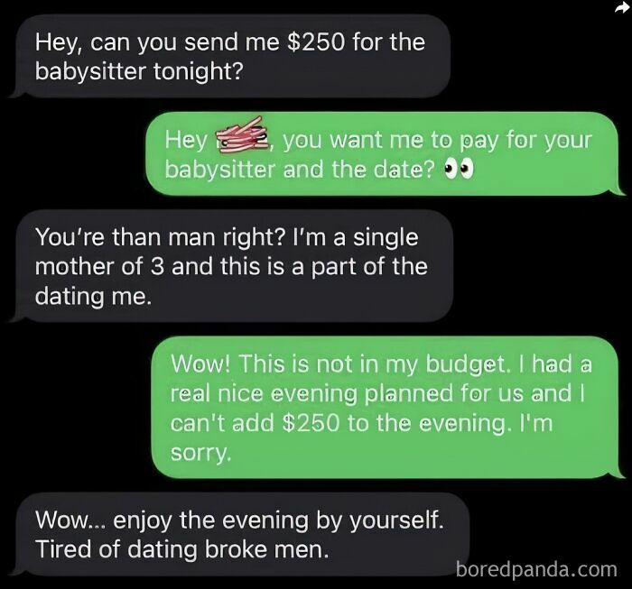 Text message exchange showing outrageous demands from a parent asking for $250 to pay for a babysitter on a date.