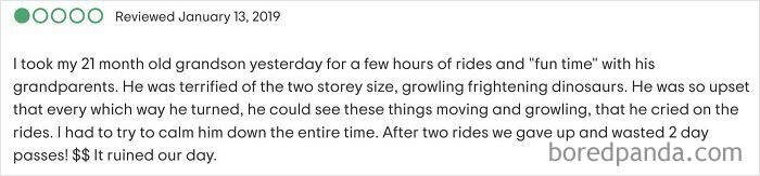 Review describing parents making outrageous demands due to their children’s fear during amusement park rides.