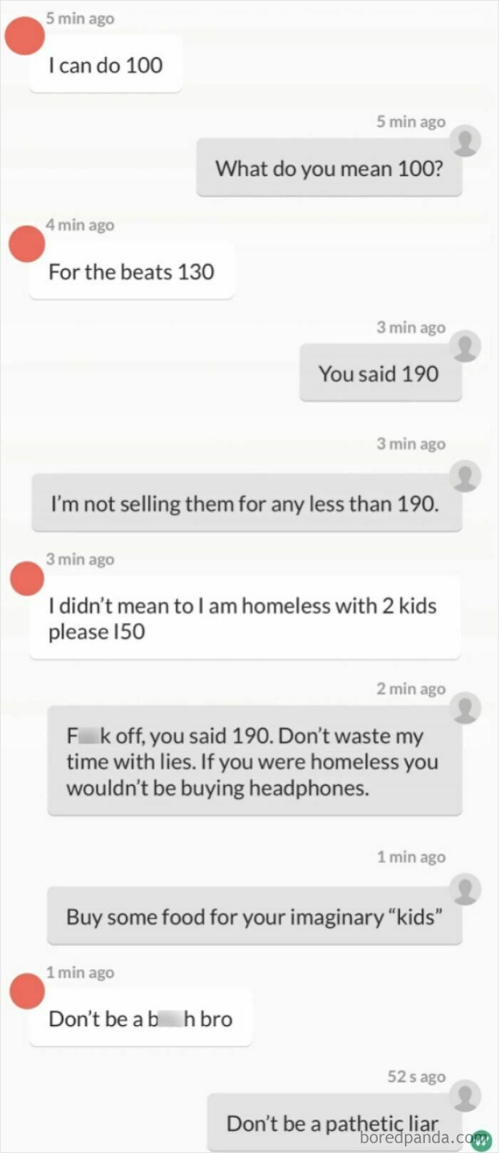 Text message exchange showing a parent making outrageous demands and excuses involving kids to lower a price.