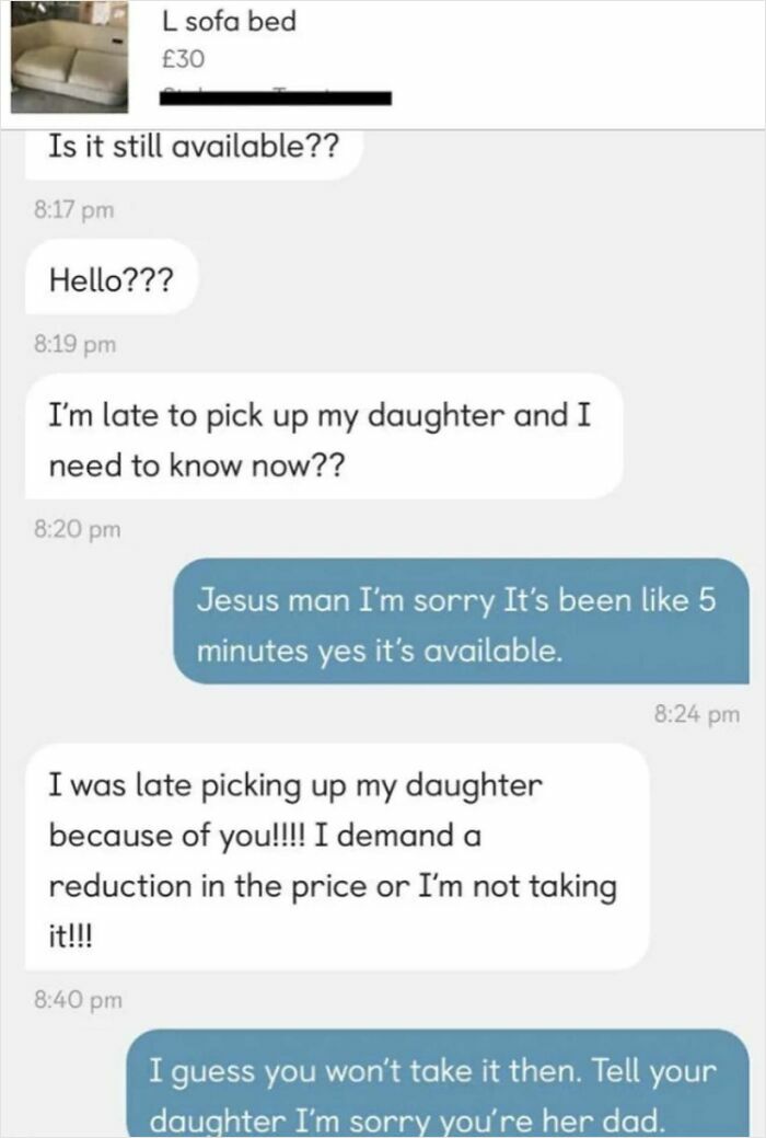 Text conversation showing a parent making outrageous demands due to being late to pick up their child.