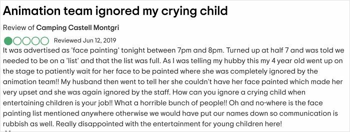 Review highlighting outrageous demands parents made when animation team ignored a crying child during face painting event.