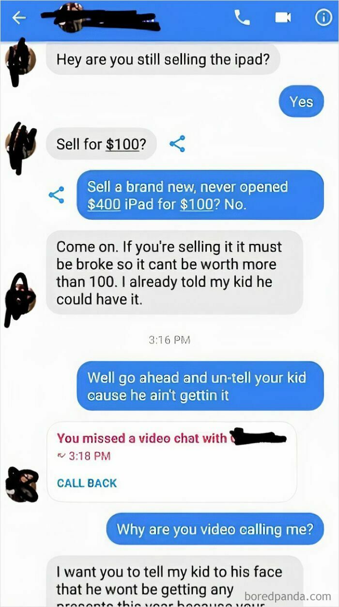 Text message exchange showing a parent making outrageous demands involving their kid to negotiate the price of an iPad.