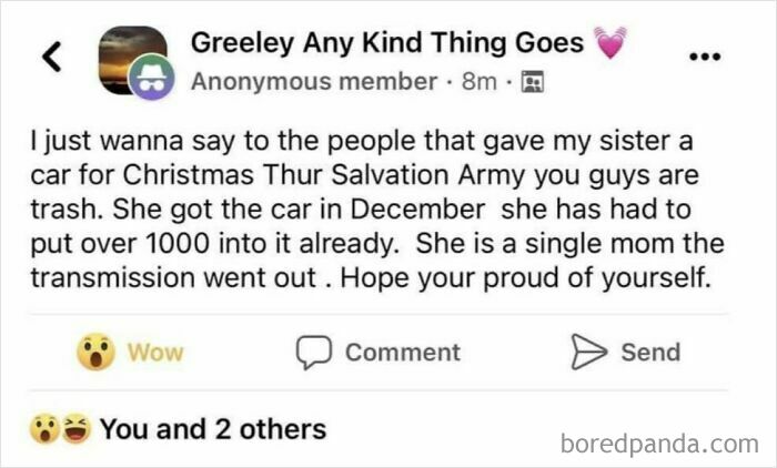 Social media post criticizing a single mom's car gift and maintenance costs highlighting outrageous parent demands.