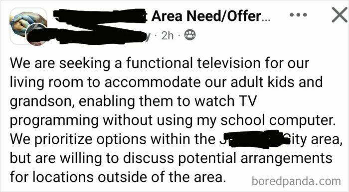 Social media post showing a parent making an outrageous demand to accommodate adult kids and grandson.
