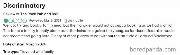 Negative review of a family meal experience highlighting discrimination against children and outrageous demands from parents.