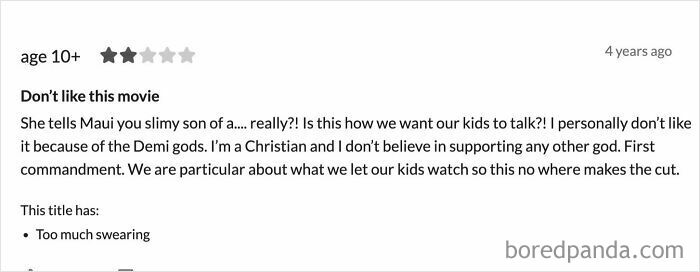 Screenshot of a parent’s negative movie review expressing concerns about children’s content and appropriateness.