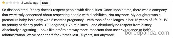 Review expressing disappointment with Disney's lack of respect for people with disabilities despite long-term customer loyalty.