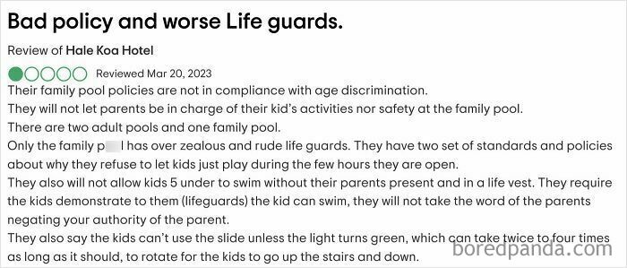 Parent complaints about family pool policies and lifeguards causing outrage over child safety and control demands.