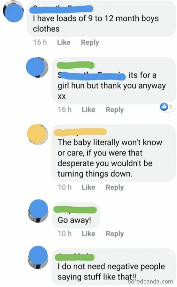 Social media conversation showing parents making outrageous demands related to their children and baby clothes.