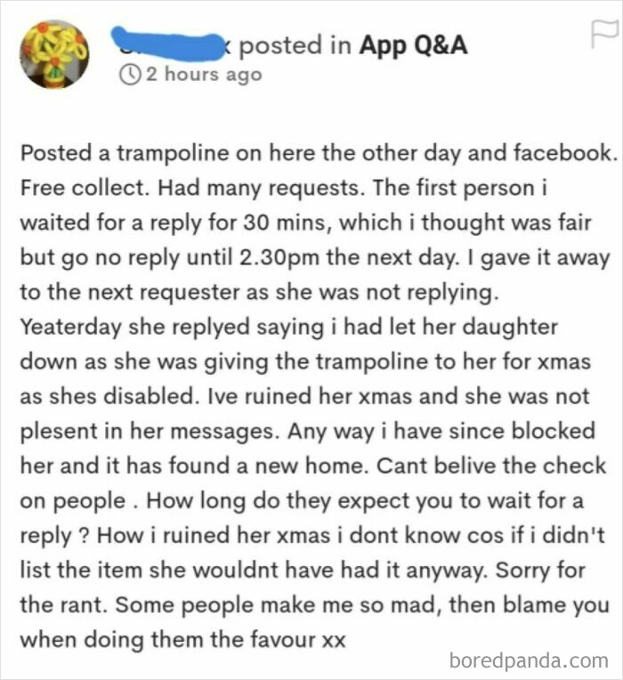 Screenshot of a parent demanding favors and causing conflict over a trampoline due to outrageous demands related to having kids.