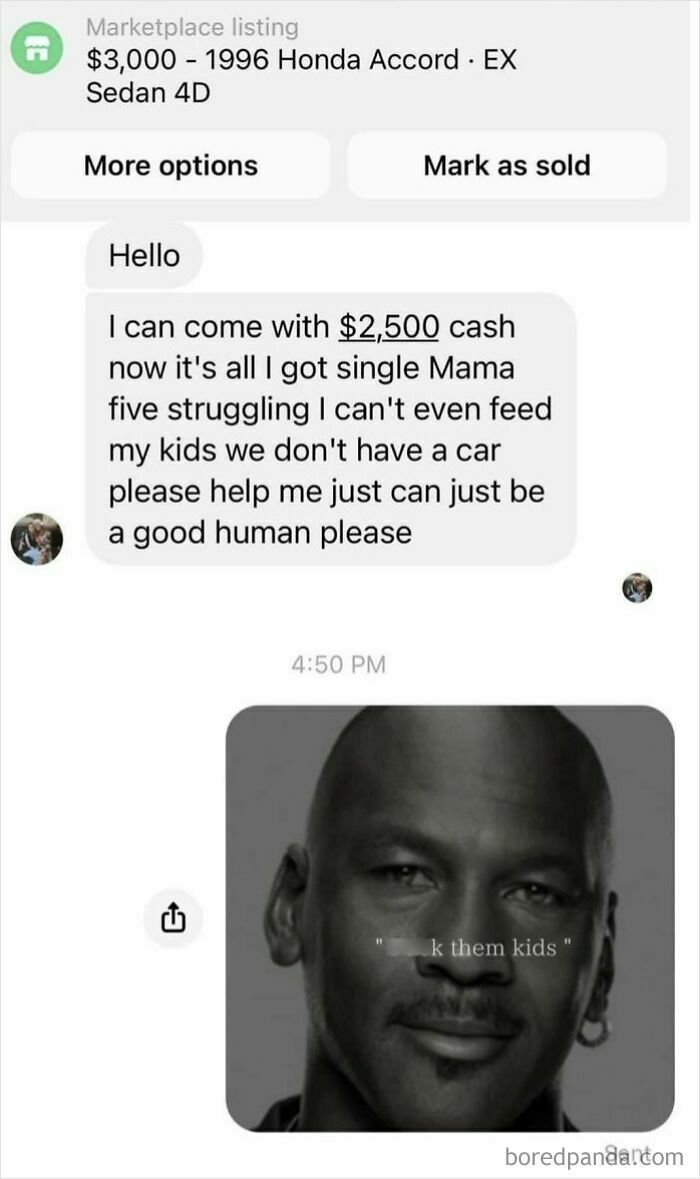 Text message of a struggling single mom making demands, paired with a dismissive meme, highlighting outrageous parent demands.