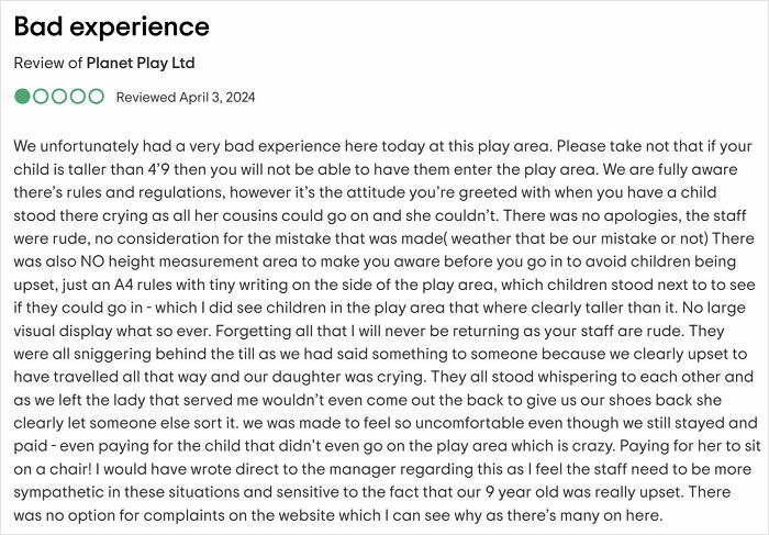 Parents making outrageous demands at a play area due to child height rules and staff attitude causing a bad experience.