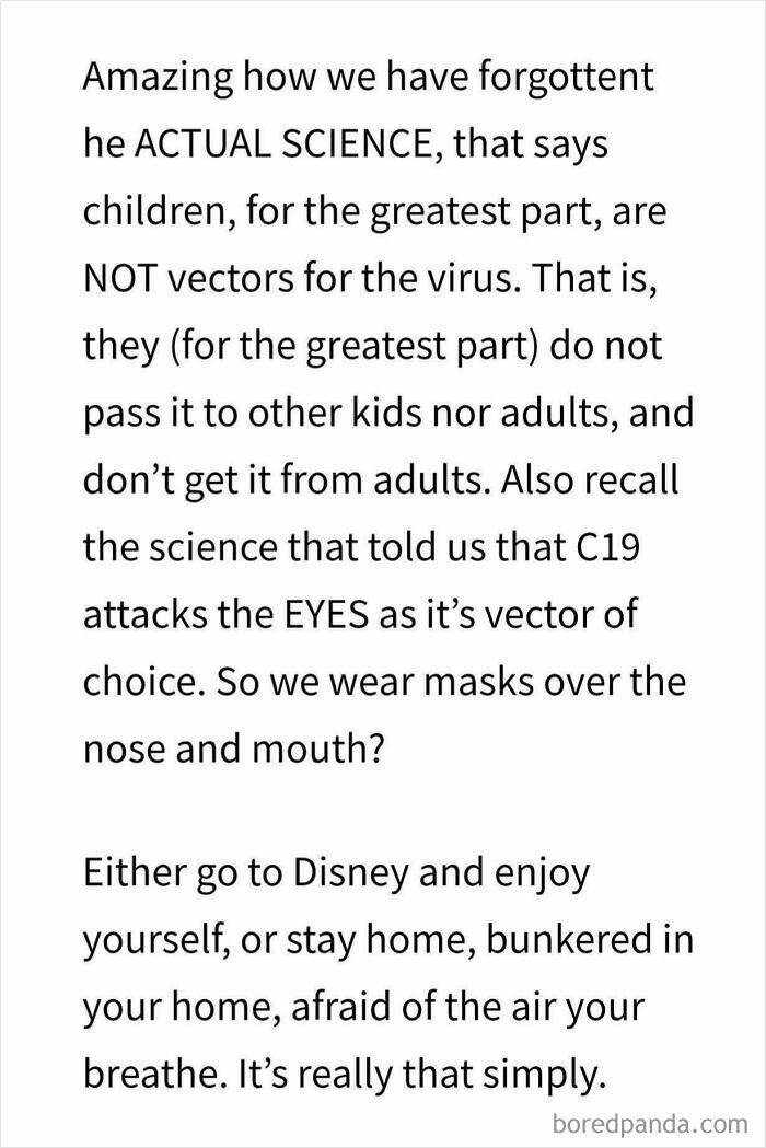 Text post discussing science on children not being major virus vectors, questioning mask use, related to parents and children debates.