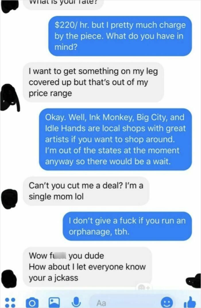 Text message exchange showing a parent making outrageous demands citing being a single mom in a tattoo price negotiation.